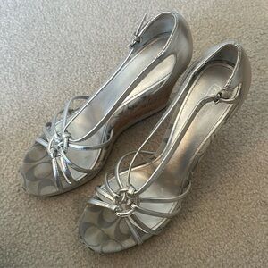 Coach Silver Joslin Silver Leather & Cork Wedges Sz 11